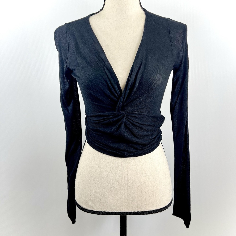 Abercrombie & Fitch Twist-Front Long Sleeve Cropped Top Size S Black Semi Sheer